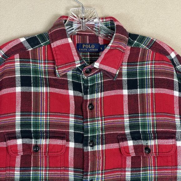 Polo Ralph Lauren Shirt Mens Large Red Plaid Flannel Regular Fit Pockets‎ - Picture 2 of 11